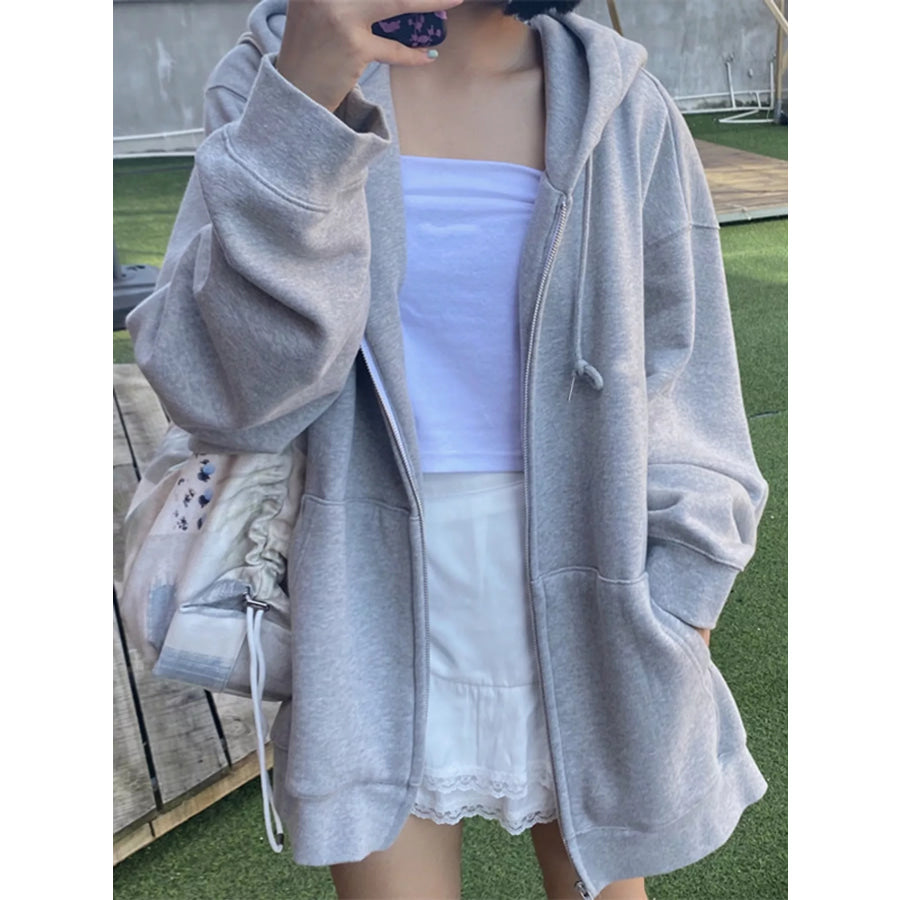 Full Size Zip-Up Dropped Shoulder Hoodie Plus Apparel and Accessories