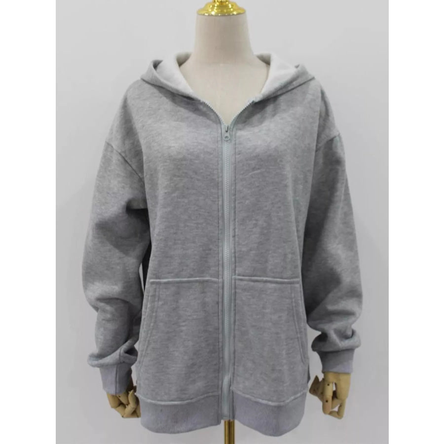 Full Size Zip-Up Dropped Shoulder Hoodie Plus Apparel and Accessories