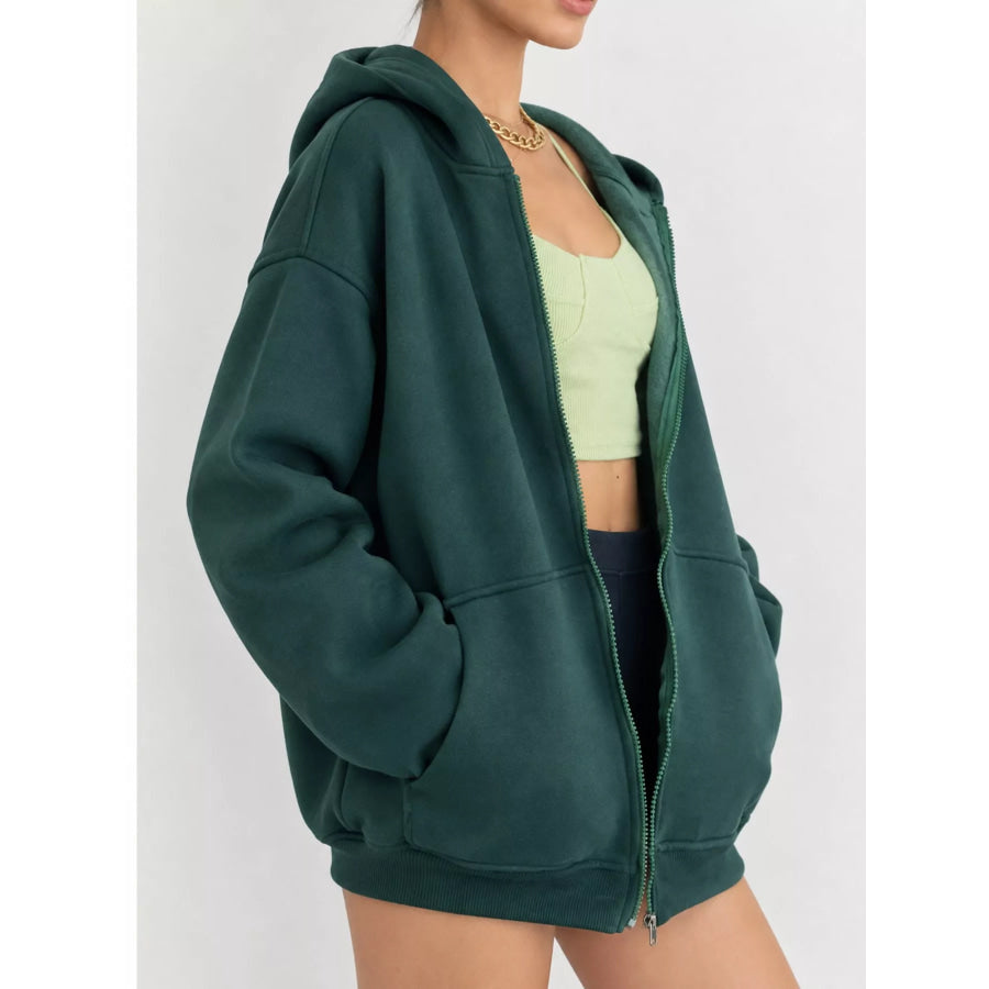 Full Size Zip-Up Dropped Shoulder Hoodie Plus Apparel and Accessories