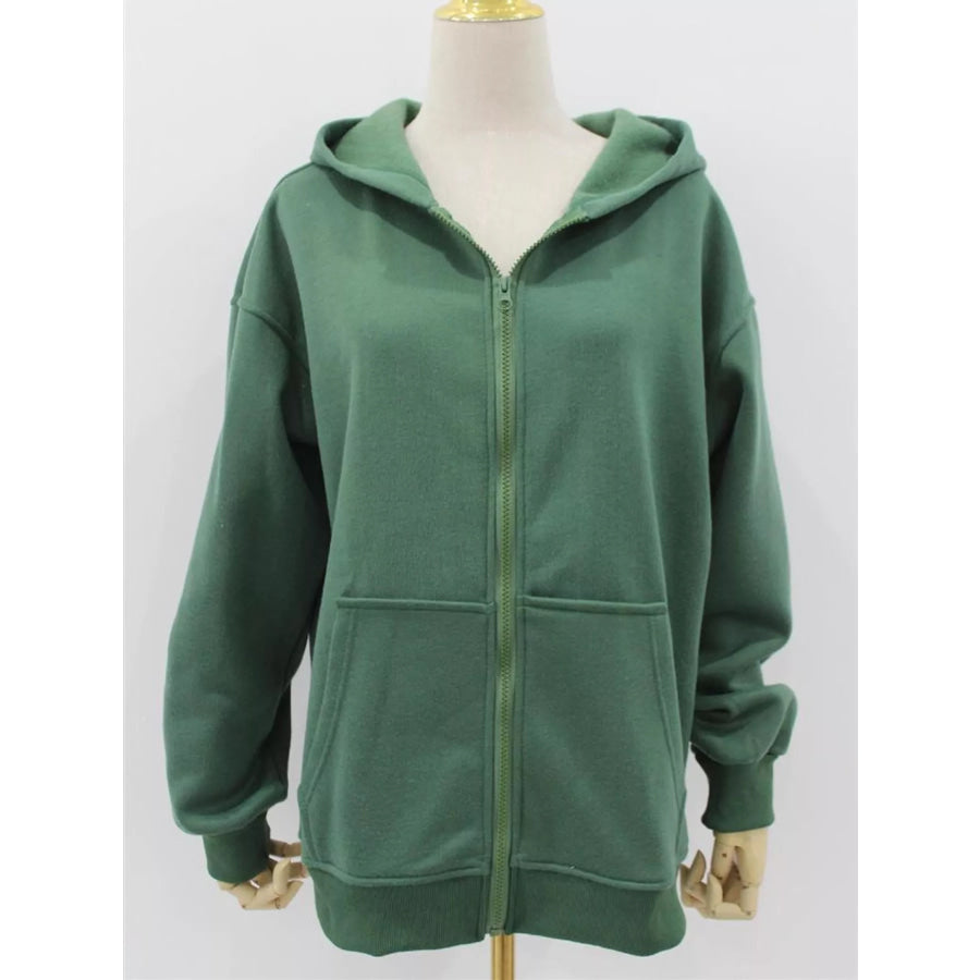Full Size Zip-Up Dropped Shoulder Hoodie Plus Apparel and Accessories