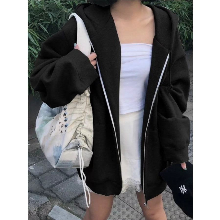 Full Size Zip-Up Dropped Shoulder Hoodie Plus Apparel and Accessories