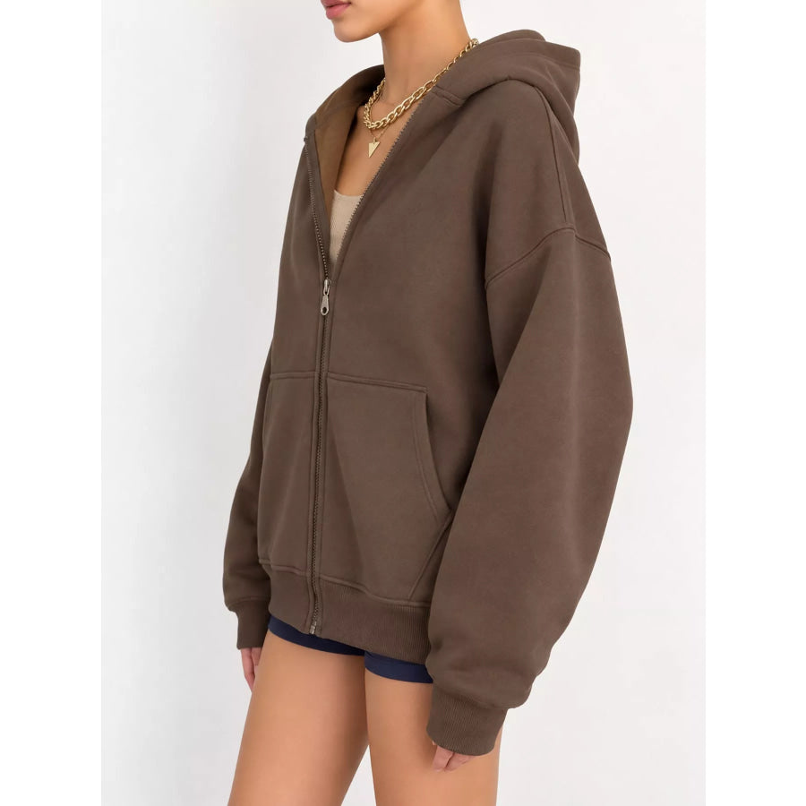 Full Size Zip-Up Dropped Shoulder Hoodie Plus Apparel and Accessories