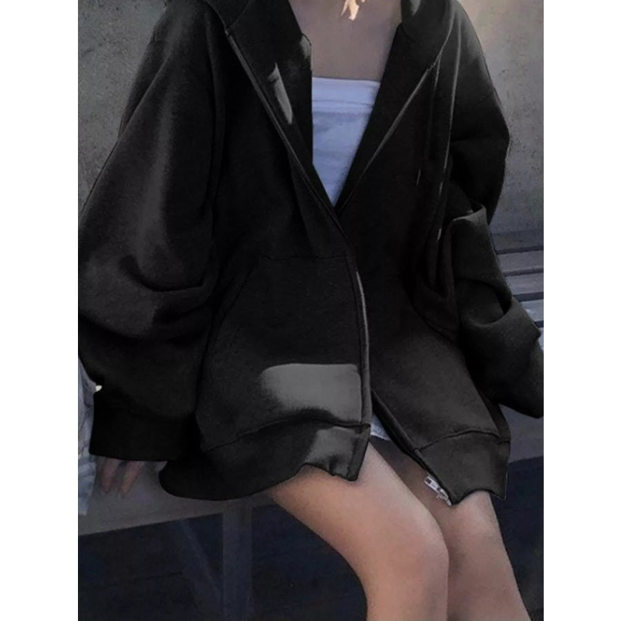 Full Size Zip-Up Dropped Shoulder Hoodie Plus Apparel and Accessories