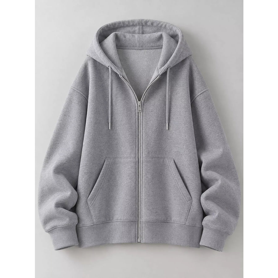 Full Size Zip-Up Dropped Shoulder Hoodie Plus Apparel and Accessories