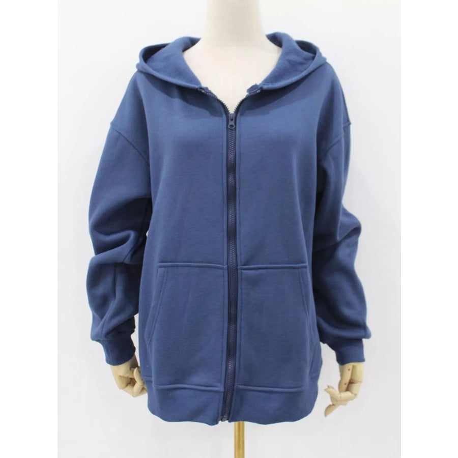 Full Size Zip-Up Dropped Shoulder Hoodie Plus Apparel and Accessories