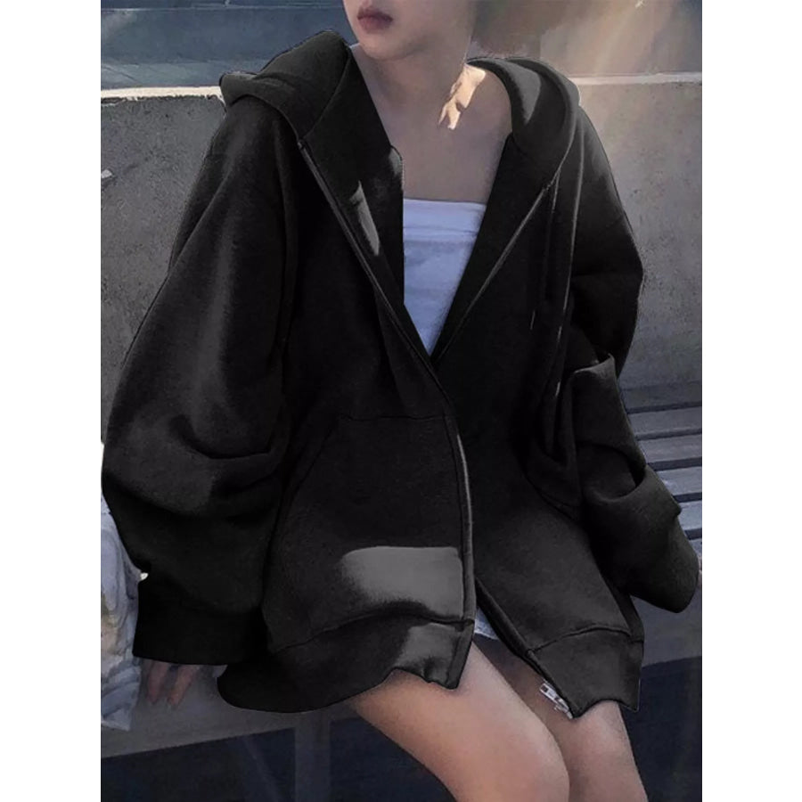 Full Size Zip-Up Dropped Shoulder Hoodie Plus Apparel and Accessories