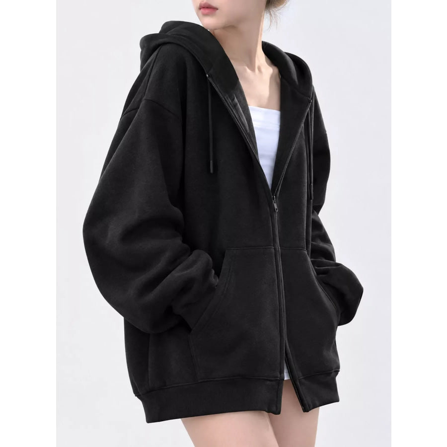 Full Size Zip-Up Dropped Shoulder Hoodie Plus Apparel and Accessories