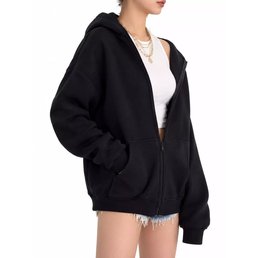 Full Size Zip-Up Dropped Shoulder Hoodie Plus Apparel and Accessories