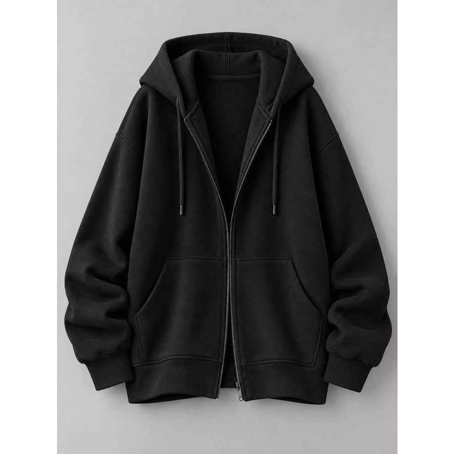 Full Size Zip-Up Dropped Shoulder Hoodie Plus Apparel and Accessories