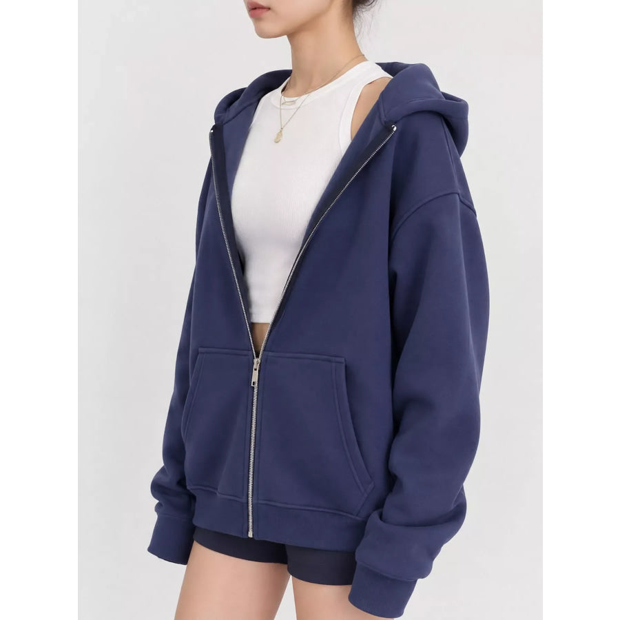 Full Size Zip-Up Dropped Shoulder Hoodie Plus Apparel and Accessories