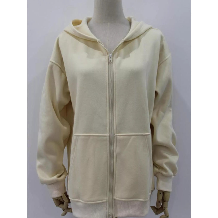 Full Size Zip-Up Dropped Shoulder Hoodie Plus Apparel and Accessories