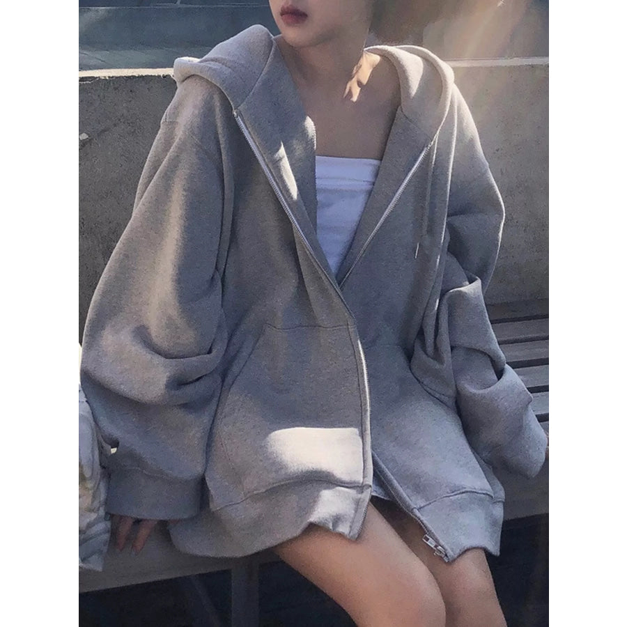 Full Size Zip-Up Dropped Shoulder Hoodie Plus Apparel and Accessories