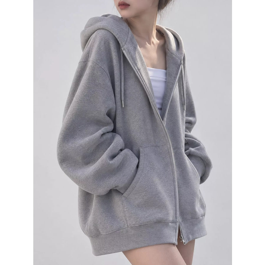 Full Size Zip-Up Dropped Shoulder Hoodie Plus Apparel and Accessories