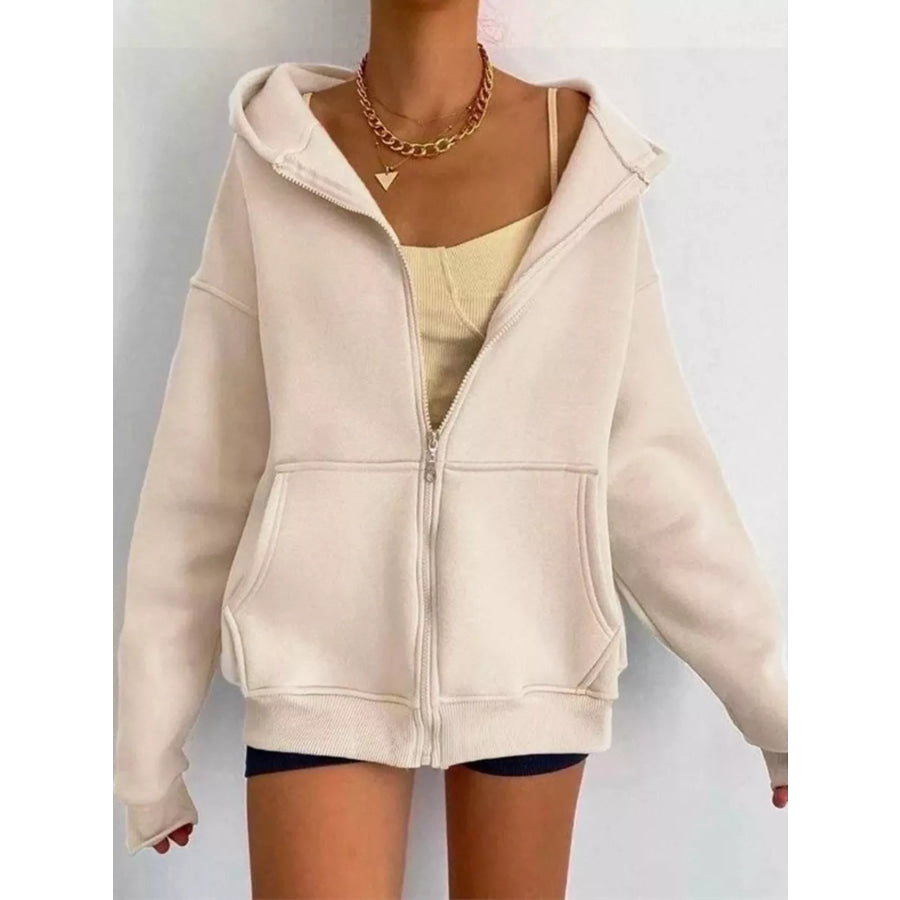 Full Size Zip-Up Dropped Shoulder Hoodie Plus Apricot / S Apparel and Accessories