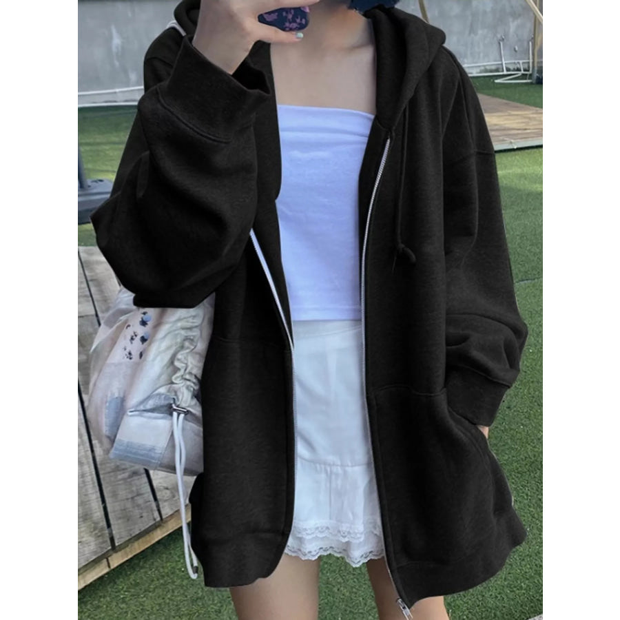 Full Size Zip-Up Dropped Shoulder Hoodie Plus Black-Fleece-lined / S Apparel and Accessories