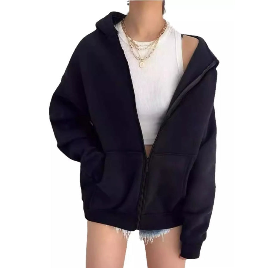 Full Size Zip-Up Dropped Shoulder Hoodie Plus Black / S Apparel and Accessories