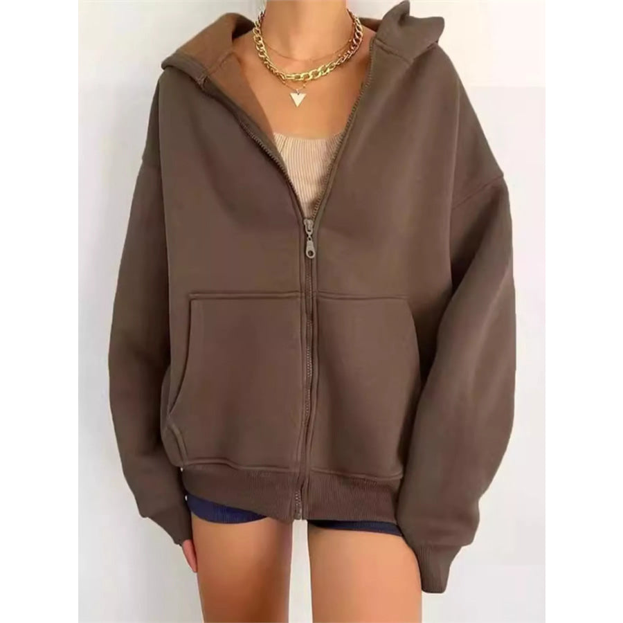 Full Size Zip-Up Dropped Shoulder Hoodie Plus Coffee / S Apparel and Accessories
