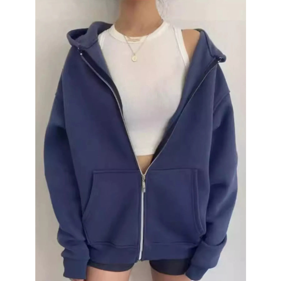 Full Size Zip-Up Dropped Shoulder Hoodie Plus Dark Blue / S Apparel and Accessories