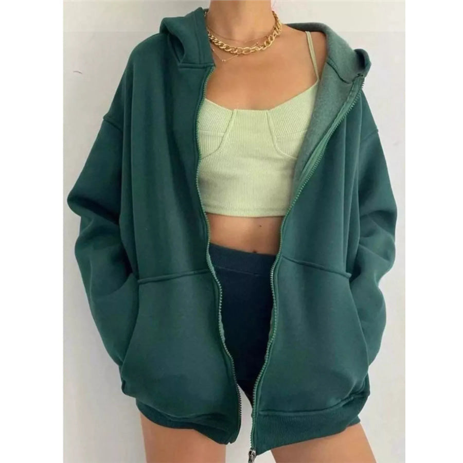 Full Size Zip-Up Dropped Shoulder Hoodie Plus Dark Green / S Apparel and Accessories