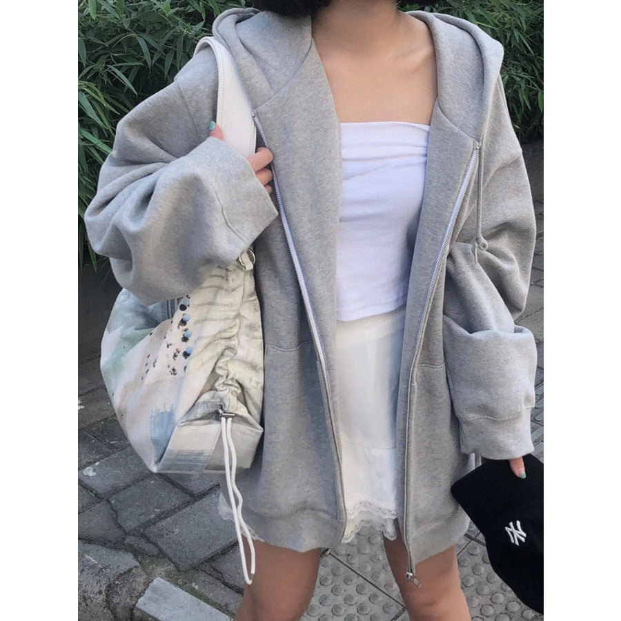 Full Size Zip-Up Dropped Shoulder Hoodie Plus Gray-Fleece-lined / S Apparel and Accessories