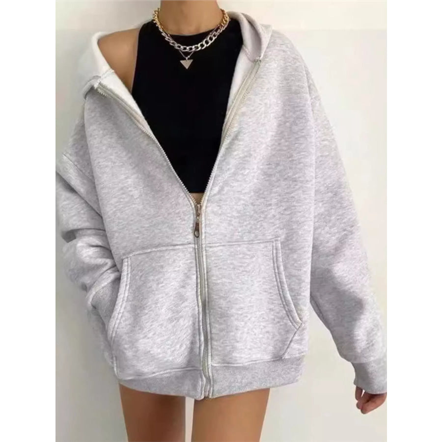 Full Size Zip-Up Dropped Shoulder Hoodie Plus Light Gray / S Apparel and Accessories