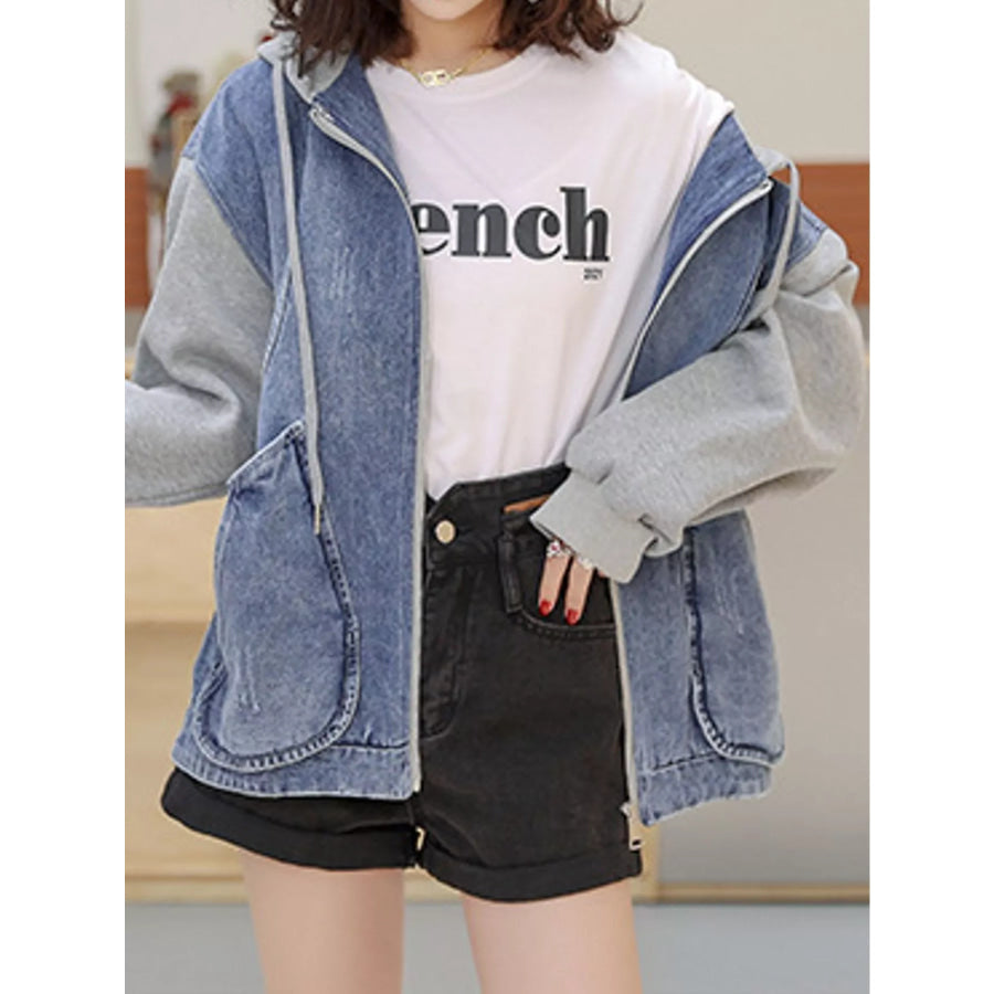 Full Size Zip Up Hooded Denim Jacket Plus Apparel and Accessories