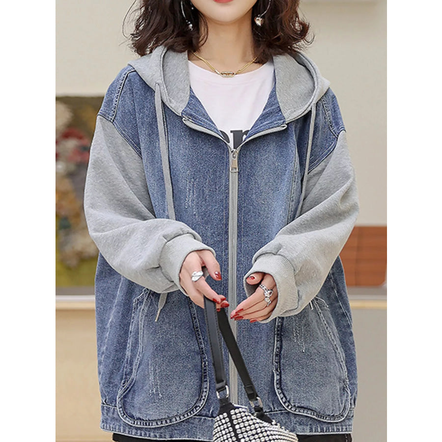 Full Size Zip Up Hooded Denim Jacket Plus Apparel and Accessories