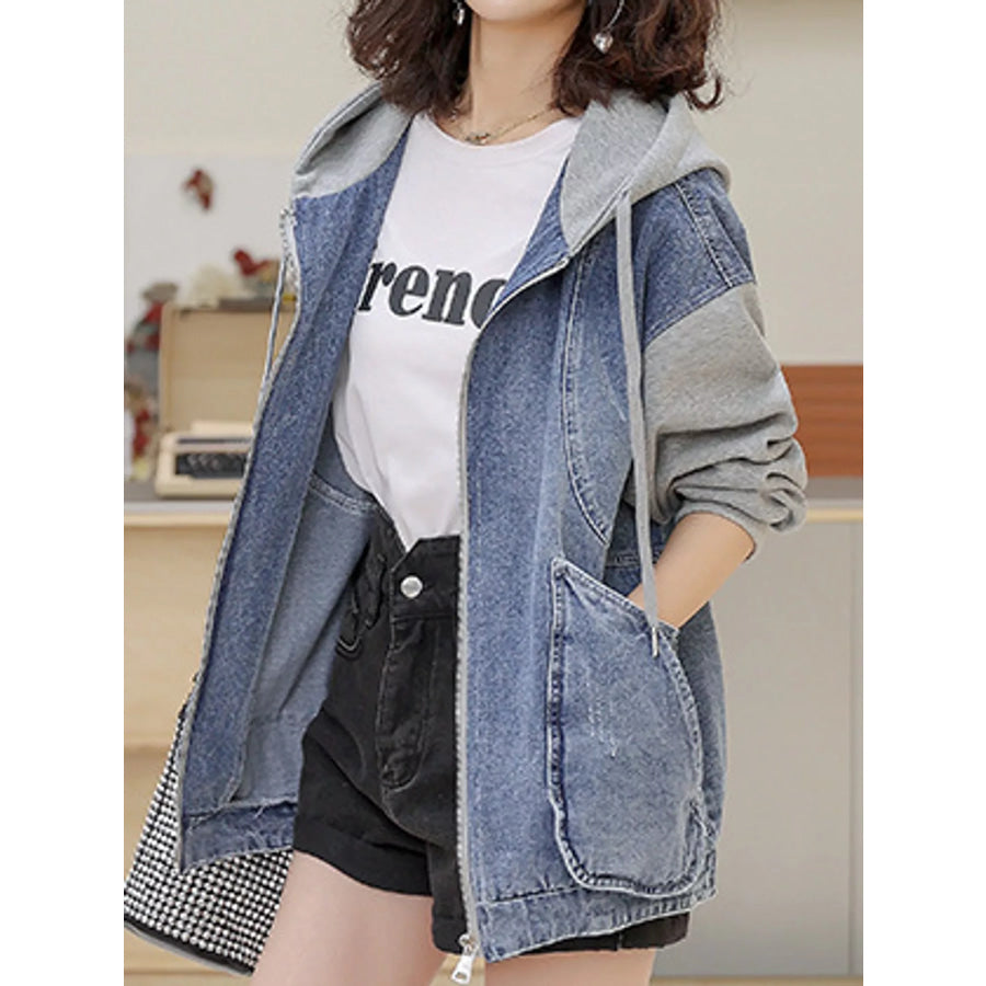 Full Size Zip Up Hooded Denim Jacket Plus Apparel and Accessories