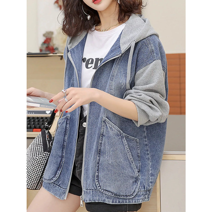 Full Size Zip Up Hooded Denim Jacket Plus As Pictured / S Apparel and Accessories