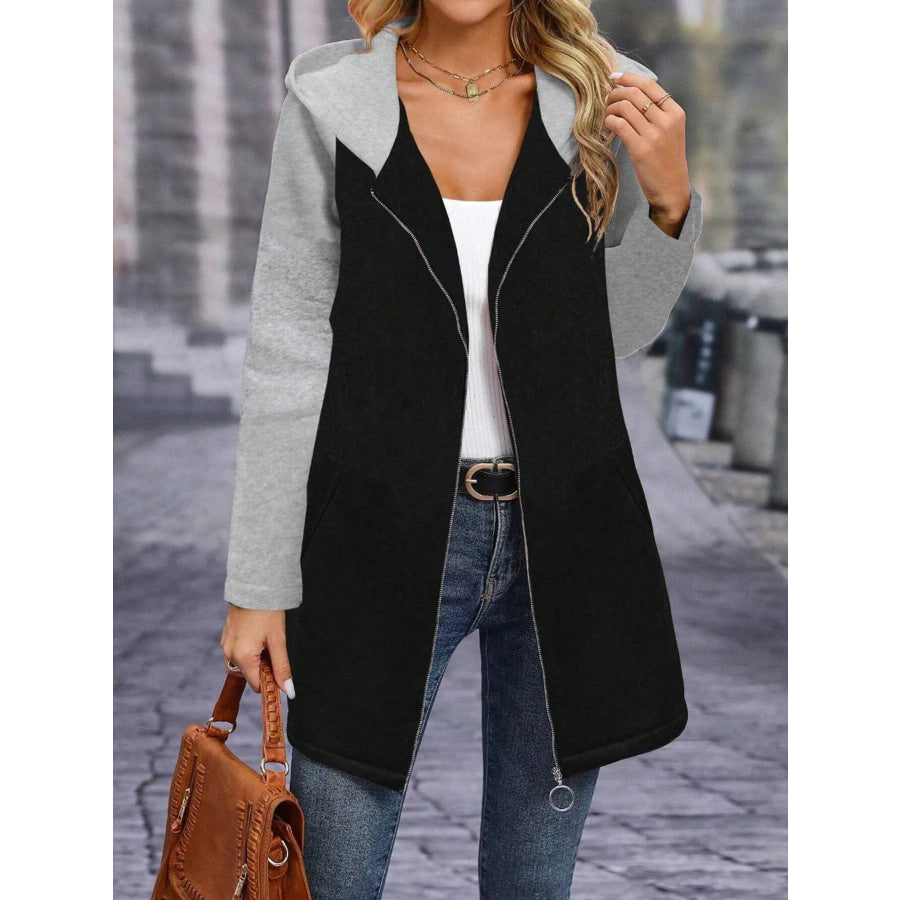 Full Size Zip Up Hooded Longline Outerwear Plus Size Black / S Apparel and Accessories