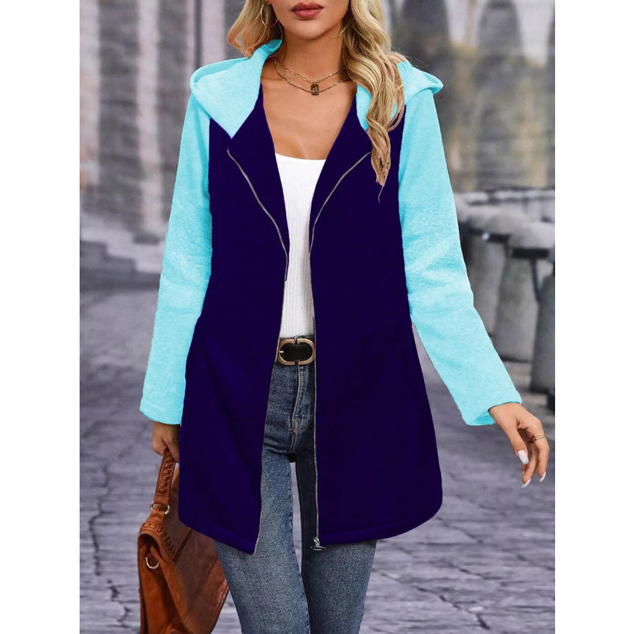 Full Size Zip Up Hooded Longline Outerwear Plus Size Navy / S Apparel and Accessories
