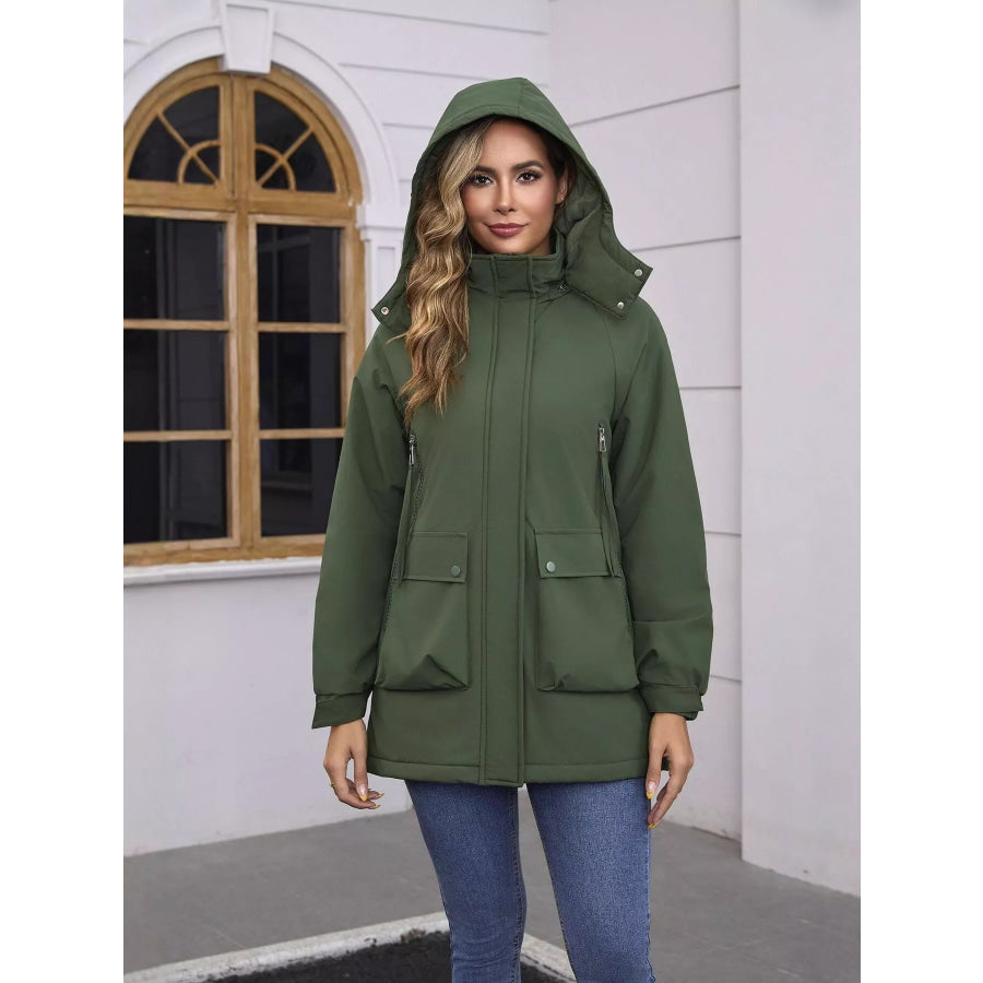 Full Size Zip Up Hooded Parka Outerwear Plus Size Army Green / S Apparel and Accessories