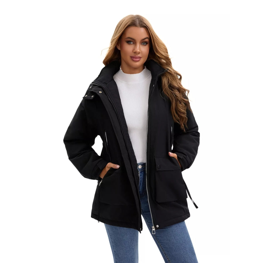 Full Size Zip Up Hooded Parka Outerwear Plus Size Black / S Apparel and Accessories
