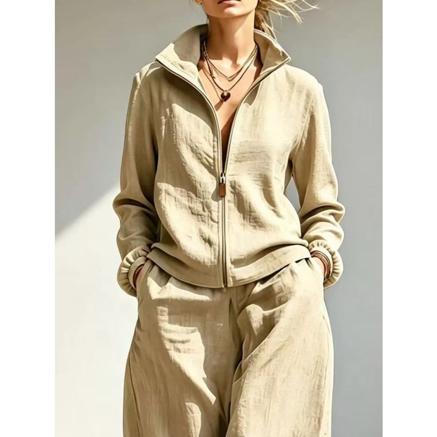Full Size Zip-Up Jacket and Wide-Leg Pants Set Plus Apparel Accessories