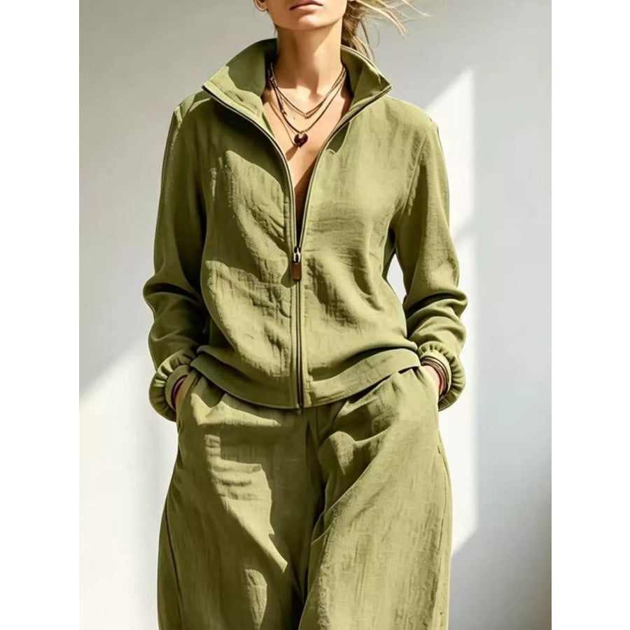Full Size Zip-Up Jacket and Wide-Leg Pants Set Plus Apparel Accessories