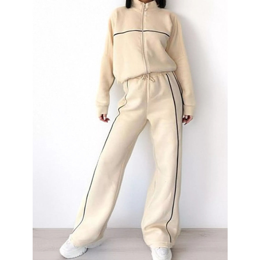 Full Size Zip-Up Jacket and Wide-Leg Pants Set Plus Apricot / S Apparel Accessories