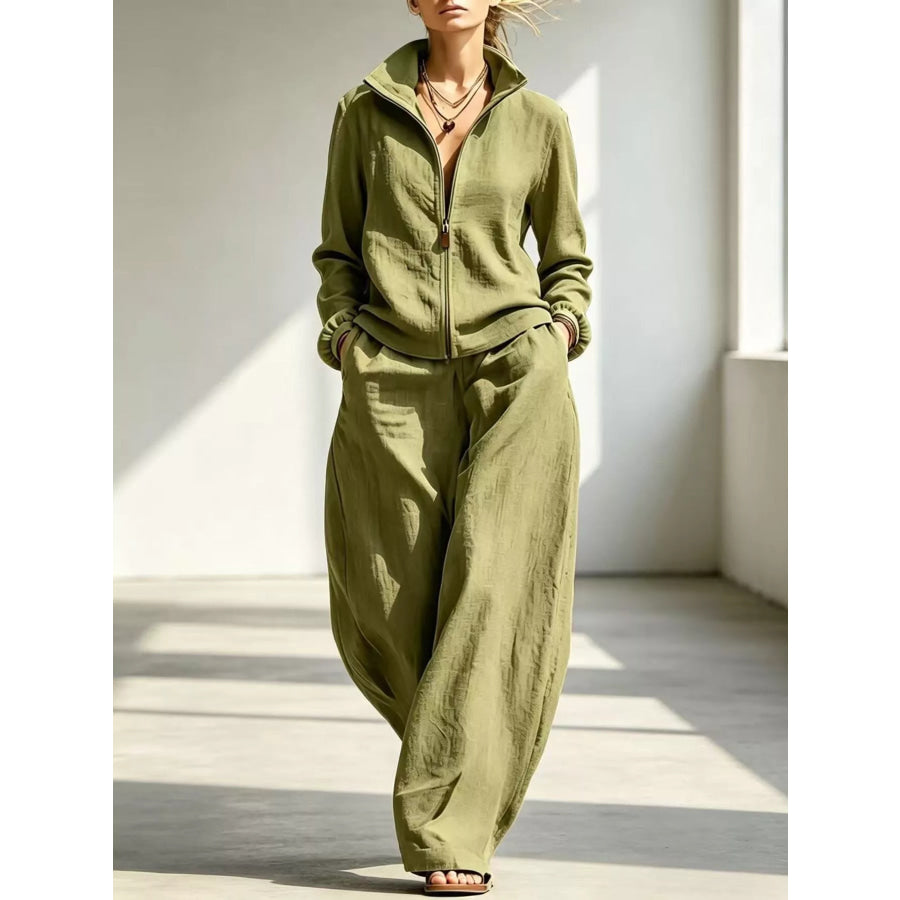 Full Size Zip-Up Jacket and Wide-Leg Pants Set Plus Army Green / S Apparel Accessories