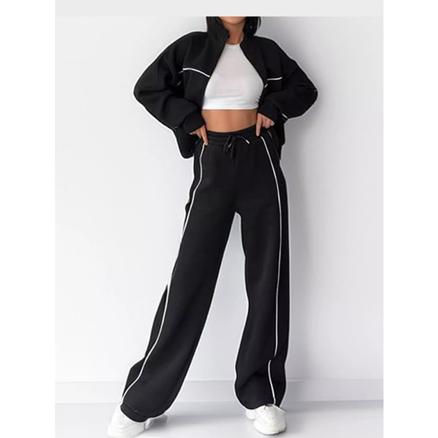 Full Size Zip-Up Jacket and Wide-Leg Pants Set Plus Black / S Apparel Accessories