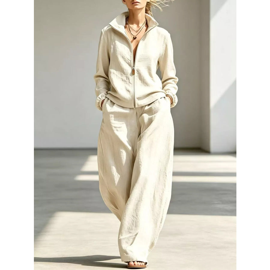 Full Size Zip-Up Jacket and Wide-Leg Pants Set Plus Cream / S Apparel Accessories