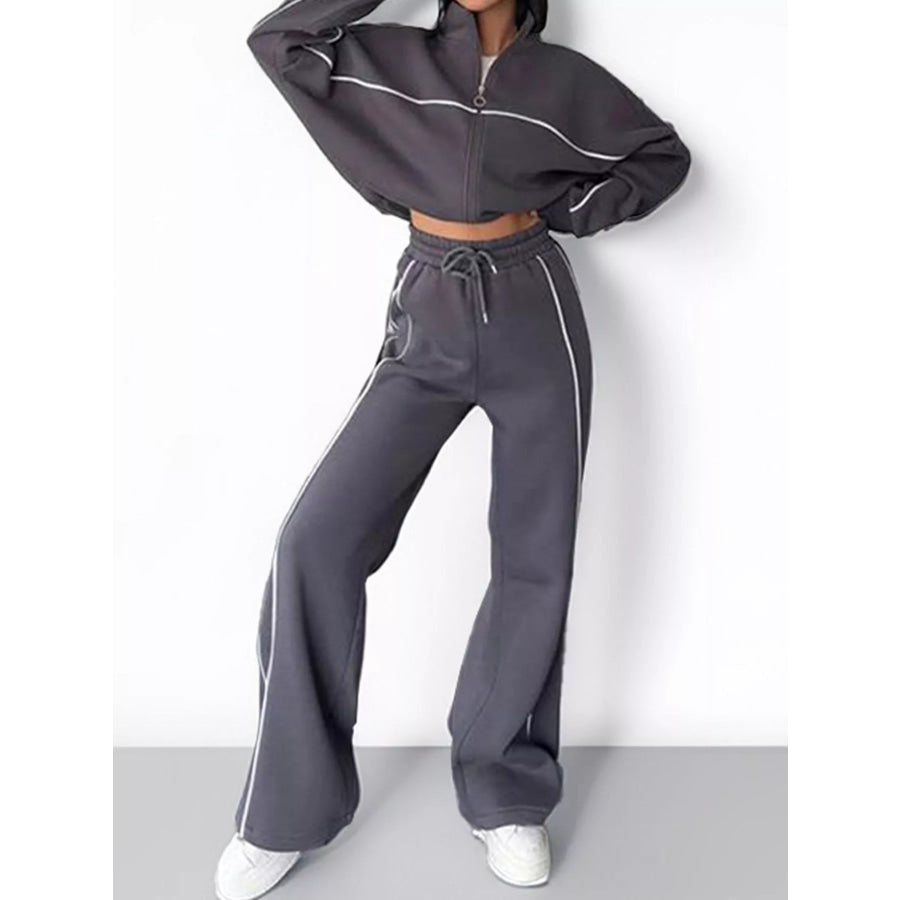 Full Size Zip-Up Jacket and Wide-Leg Pants Set Plus Dark Gray / S Apparel Accessories
