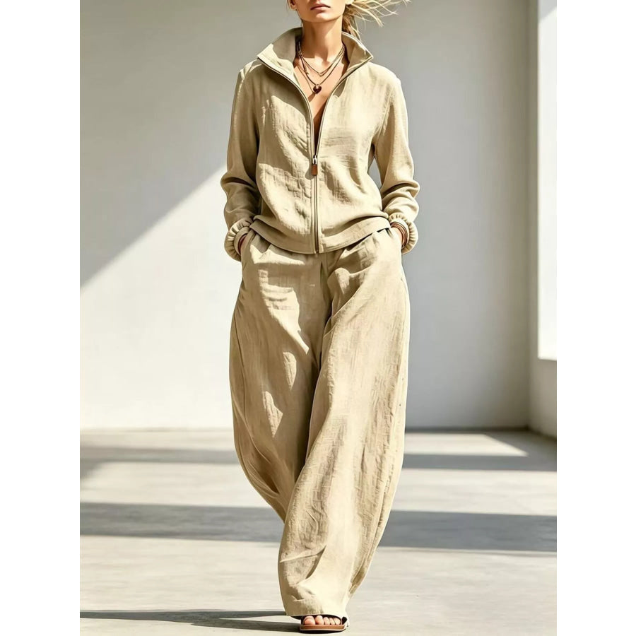 Full Size Zip-Up Jacket and Wide-Leg Pants Set Plus Khaki / S Apparel Accessories