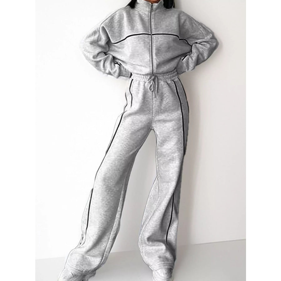 Full Size Zip-Up Jacket and Wide-Leg Pants Set Plus Light Gray / S Apparel Accessories