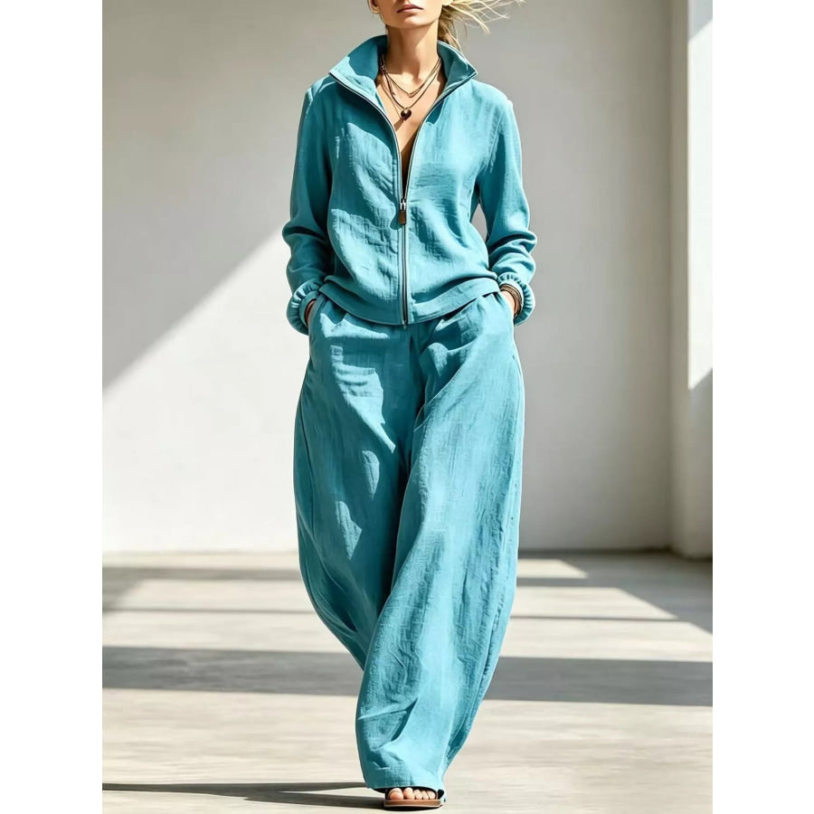Full Size Zip-Up Jacket and Wide-Leg Pants Set Plus Peacock Blue / S Apparel Accessories