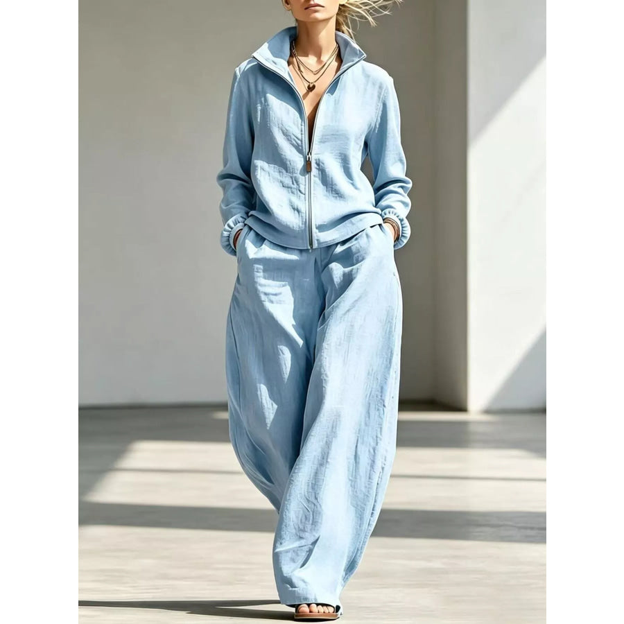 Full Size Zip-Up Jacket and Wide-Leg Pants Set Plus Sky Blue / S Apparel Accessories