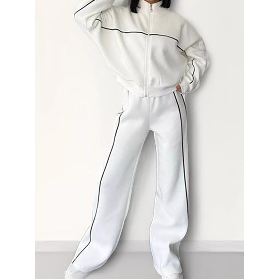 Full Size Zip-Up Jacket and Wide-Leg Pants Set Plus White / S Apparel Accessories