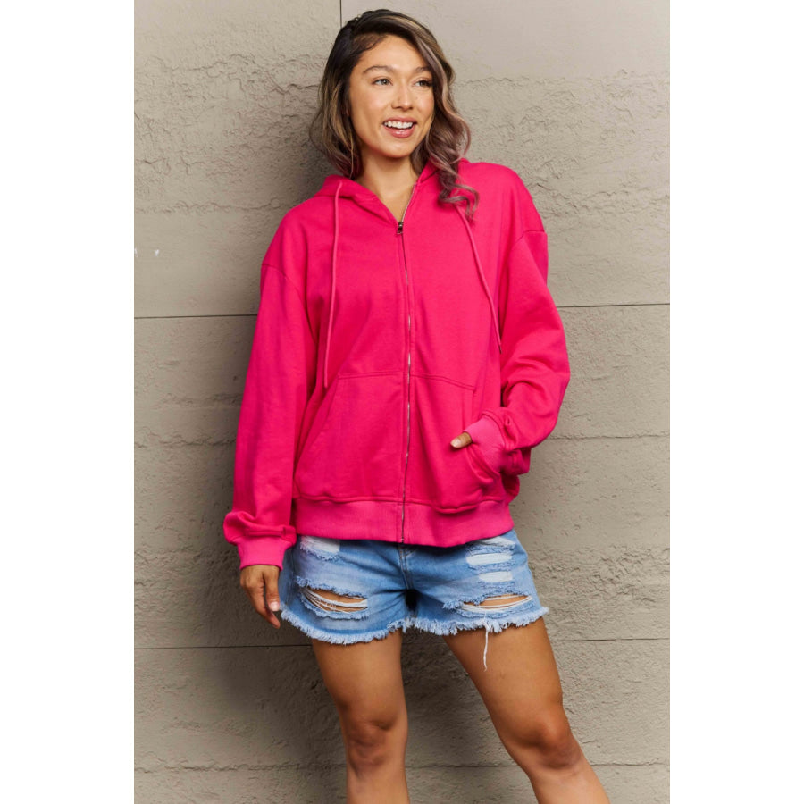 Full Size Zip Up Long Sleeve Hooded Jacket Deep Rose / S Apparel and Accessories