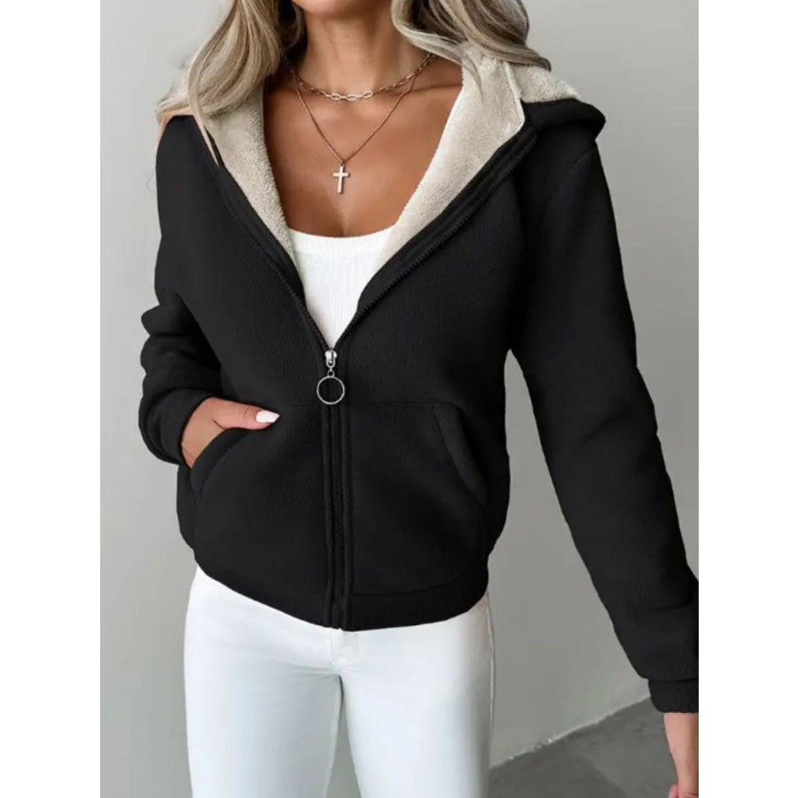 Full Size Zip Up Long Sleeve Hooded Outerwear Black / S Apparel and Accessories