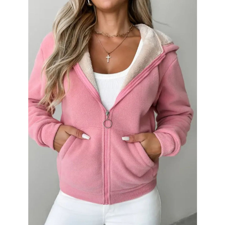 Full Size Zip Up Long Sleeve Hooded Outerwear Blush Pink / S Apparel and Accessories