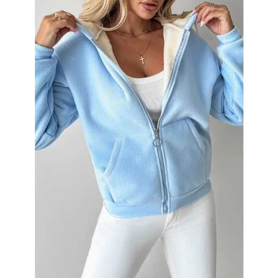 Full Size Zip Up Long Sleeve Hooded Outerwear Pastel Blue / S Apparel and Accessories