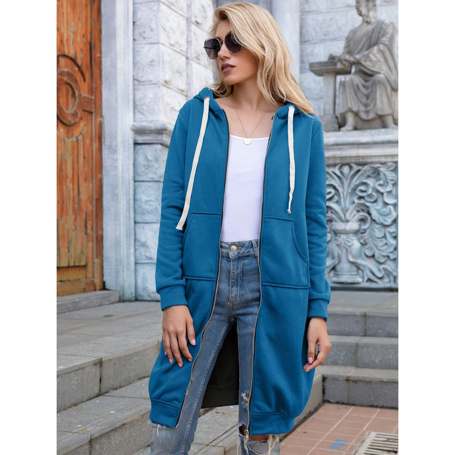 Full Size Zip-Up Longline Hoodie with Pockets Azure / S